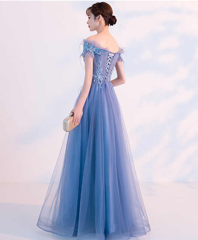 Blue Tulle Lace Long Prom Dress, Blue Tulle Formal Dress