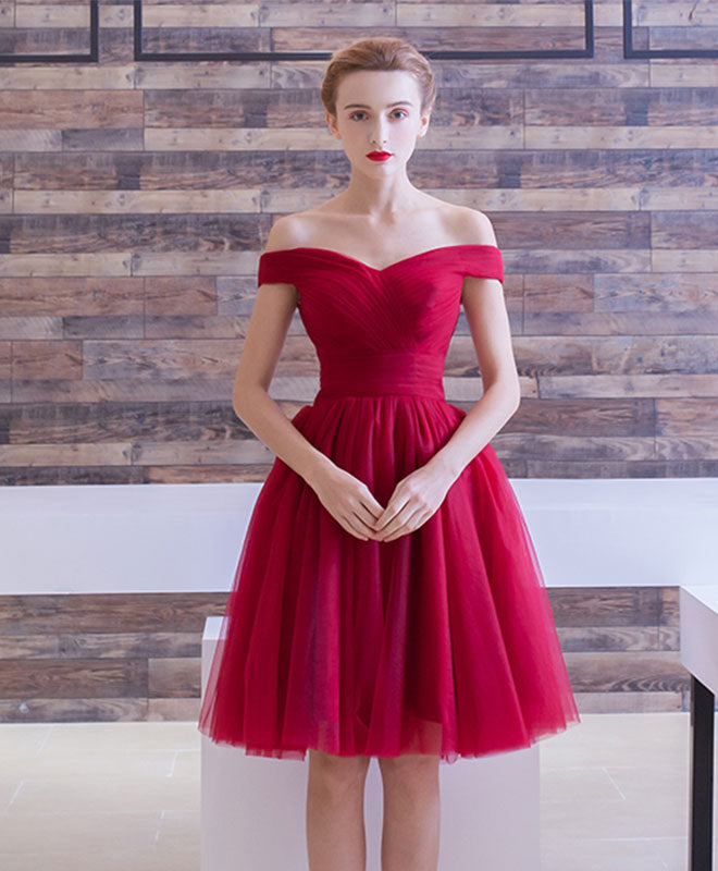 Simple Burgundy Tulle Short Prom Dress, Burgundy Homecoming Dress