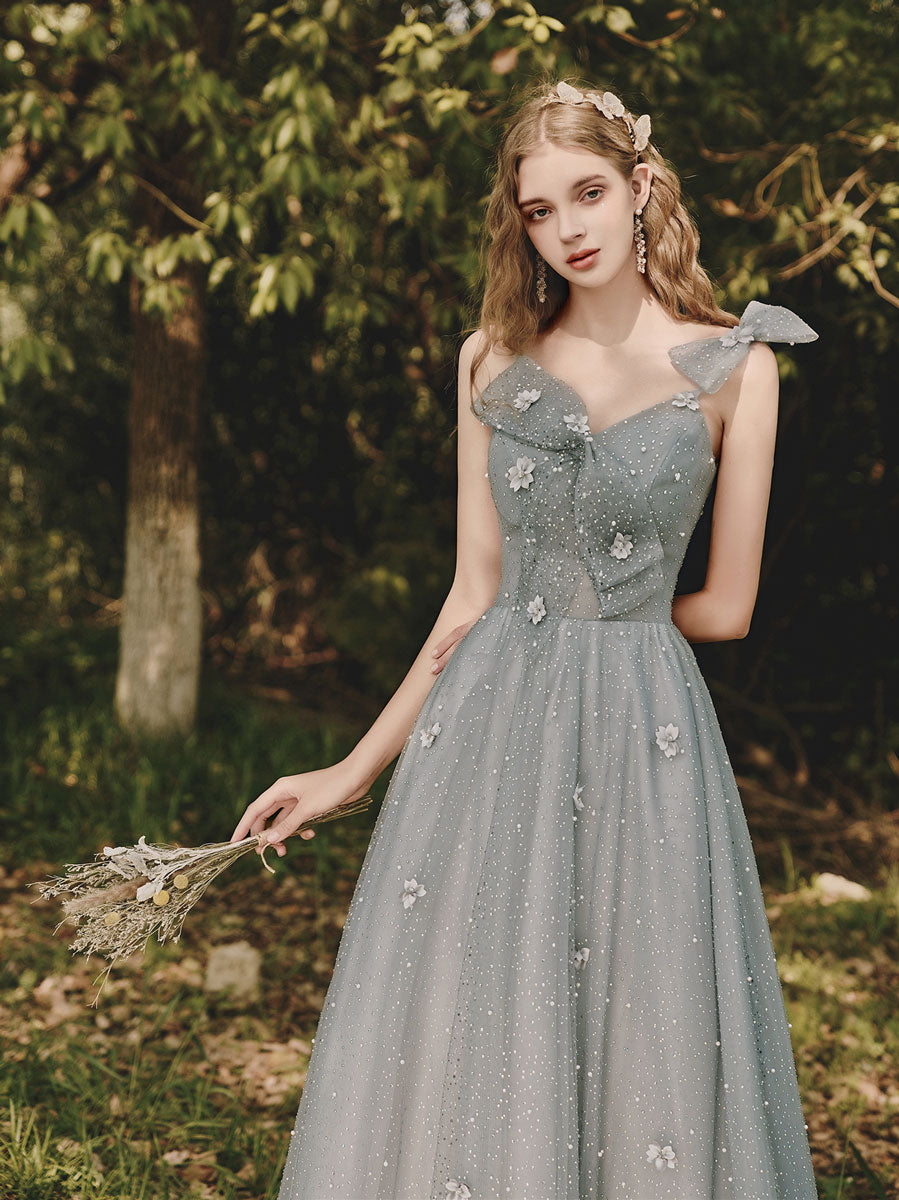 silver tea length formal dresses Tea-Length Midi Prom Dress with Short Puff Sleeves Smoky Blue / 2XLarge