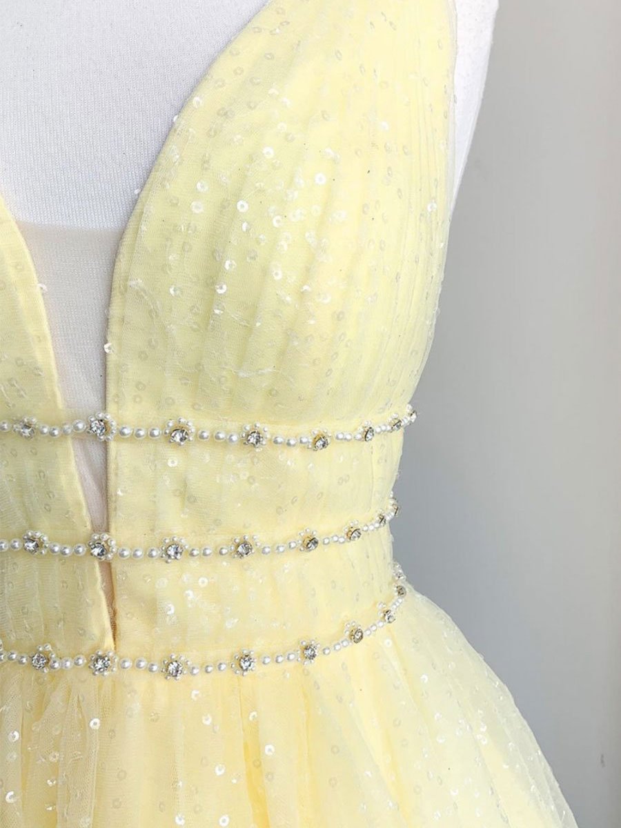 Cute Yellow V Neck Tulle Beads Short Prom Dress Yellow Homecoming Dress US 4 / Yellow Cute Yellow V Neck Tulle Beads Short Prom Dress Yellow Homecoming Dress US 4 / Yellow