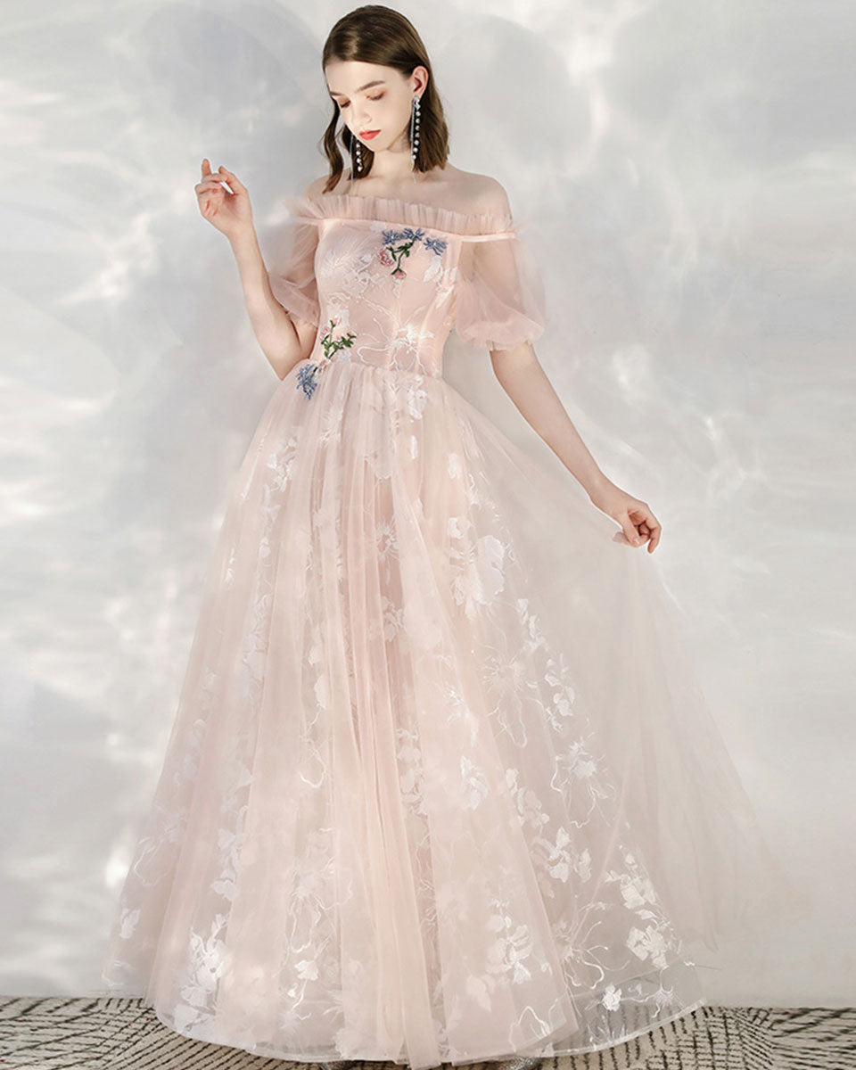 Pink Tulle Lace Off Shoulder Long Prom Dress Tulle Lace Evening Dress