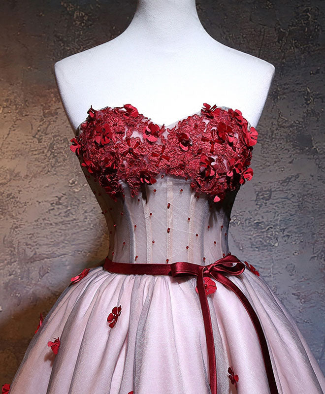 Burgundy Sweetheart Neck Lace Short Prom Dress, Burgundy Homecoming Dress