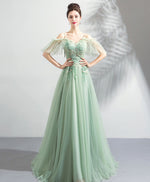 Green Tulle Off Shoulder Long Prom Dress, Green Tulle Evening Dress