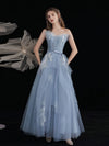 Blue Tulle Lace Tea Length Prom Dress, Lace Tulle Formal Dress