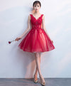 Burgundy V Neck Tulle Lace Short Prom Dress, Burgundy Homecoming Dress