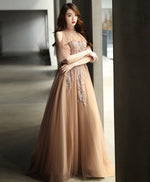 Champagne High Neck Tulle Lace Long Prom Dress Formal Dress