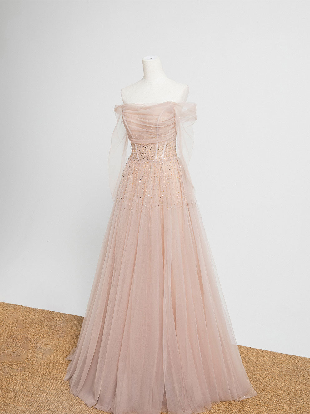 Champagne Pink Tulle Beads Long Prom Dress Champagne Evening Dress