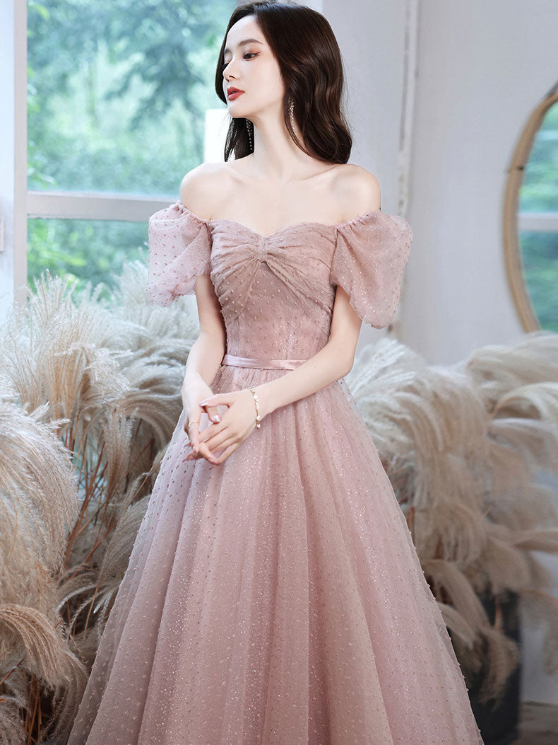 Pink A line Tulle Long Prom Dress. Pink Lace Bridesmaid Dress