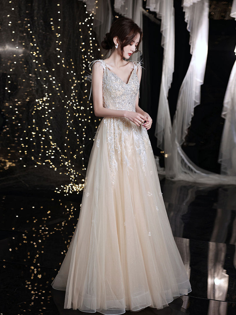 Champagne V Neck Tulle Sequin Lace Long Prom Dress, Champagne Evening Dress