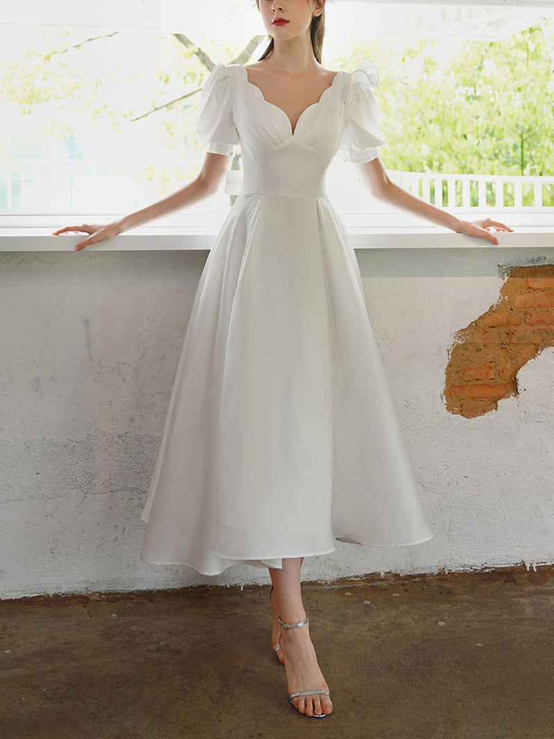White V Neck Short Prom Dress, White Bridesmaid Dress