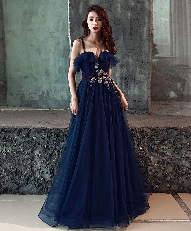 Simple Tulle Satin Dark Blue Long Prom Dress, Blue Formal Evening Dress