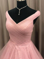 Simple V Neck Tulle Long Pink Prom Dress, Pink Tulle Formal Dresses