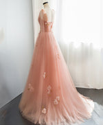 Pink V Neck Tulle Long Prom Dress, Tulle Pink Evening Dress