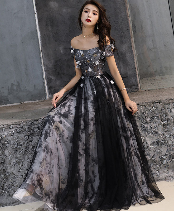 Black Tulle Lace Long Prom Dress, Black Tulle Evening Dress