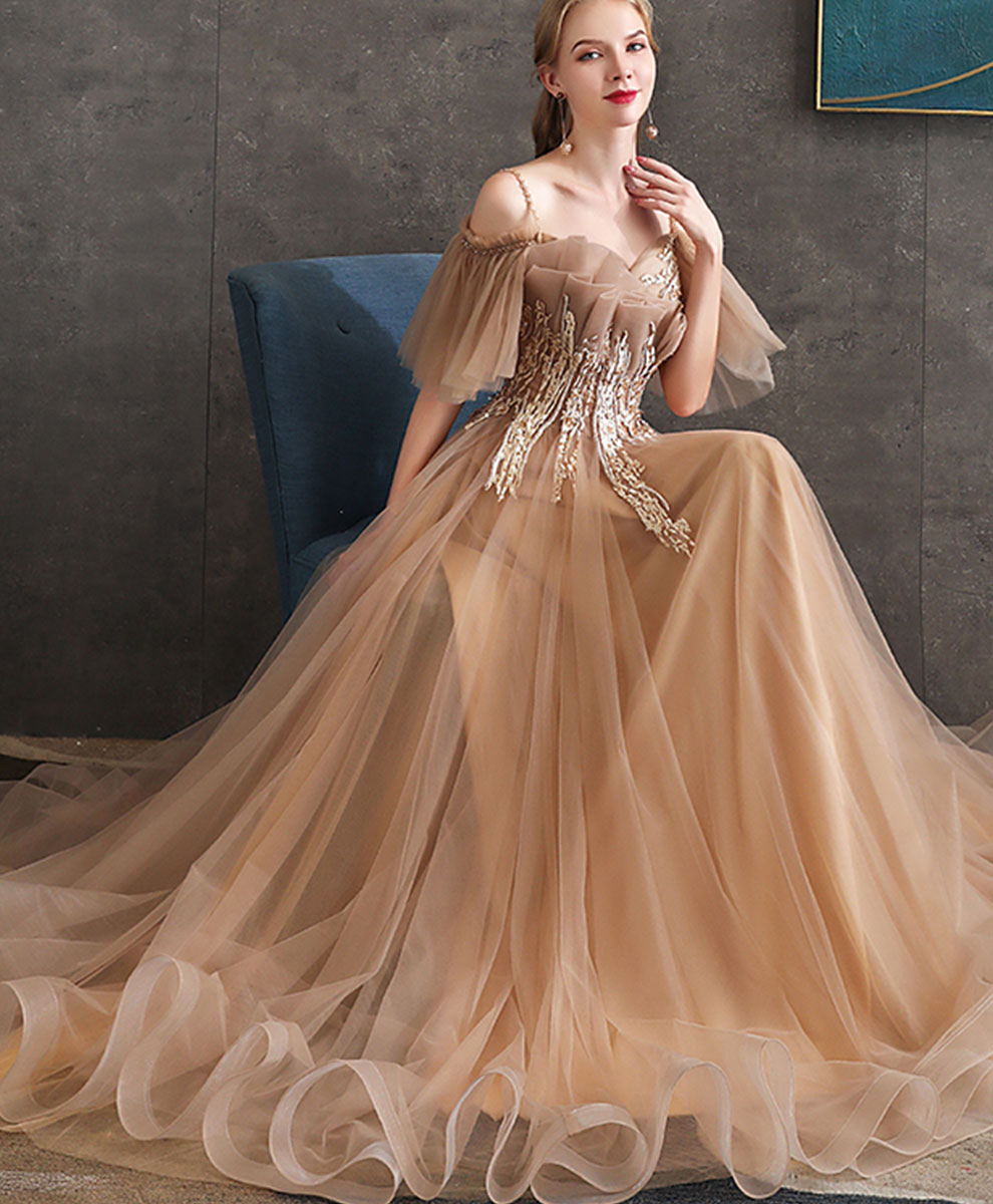Champagne Tulle Lace Long Prom Dress Tulle Formal Dress