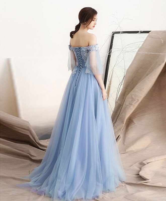 A-Line Blue Off Shoulder Tulle Long Prom Dress, Blue Evening Dress