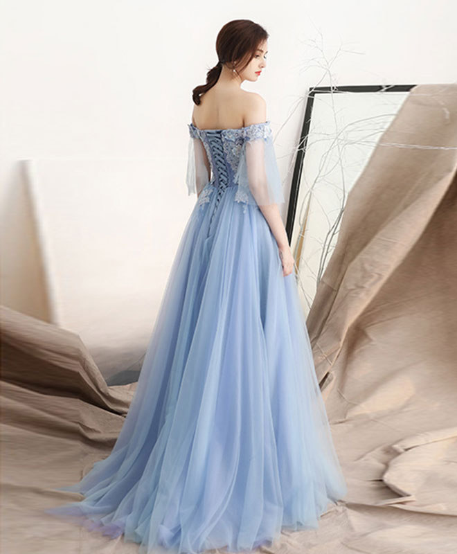 Unique Blue Off Shoulder Tulle Long Prom Dress, Blue Evening Dress
