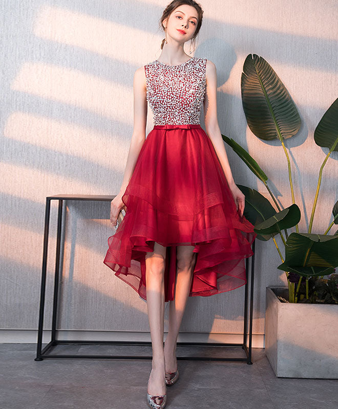 Burgundy Tulle Round Neck Sequin Short Prom Dress, Burgundy Homecoming Dress