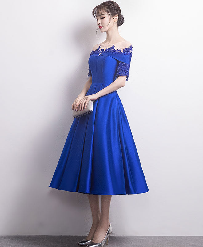 Blue Round Neck Satin Lace Prom Dress, Blue Bridesmaid Dress