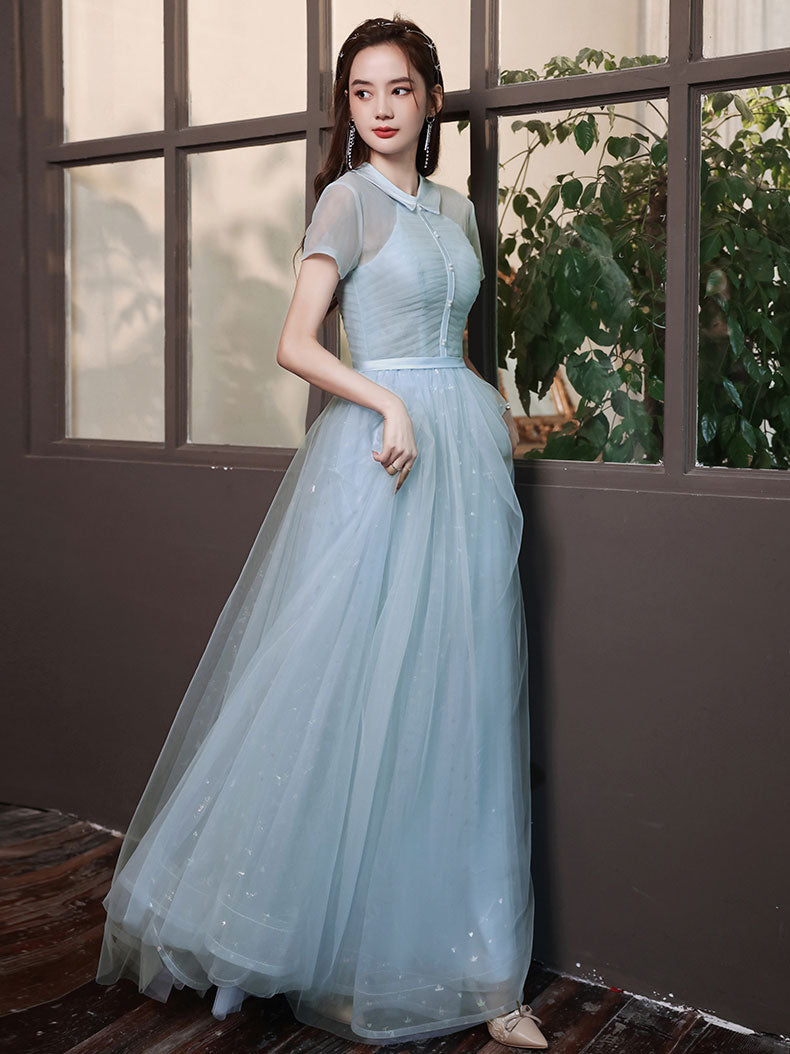shopluu Blue Tulle Lace Sequin Long Prom Dress, A-Line Blue Evening Dress US 16 / Gray Blue