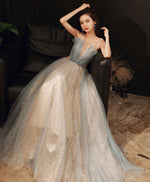 Blue V Neck Tulle Long Prom Dress, Blue Tulle Formal Dress with Sequin