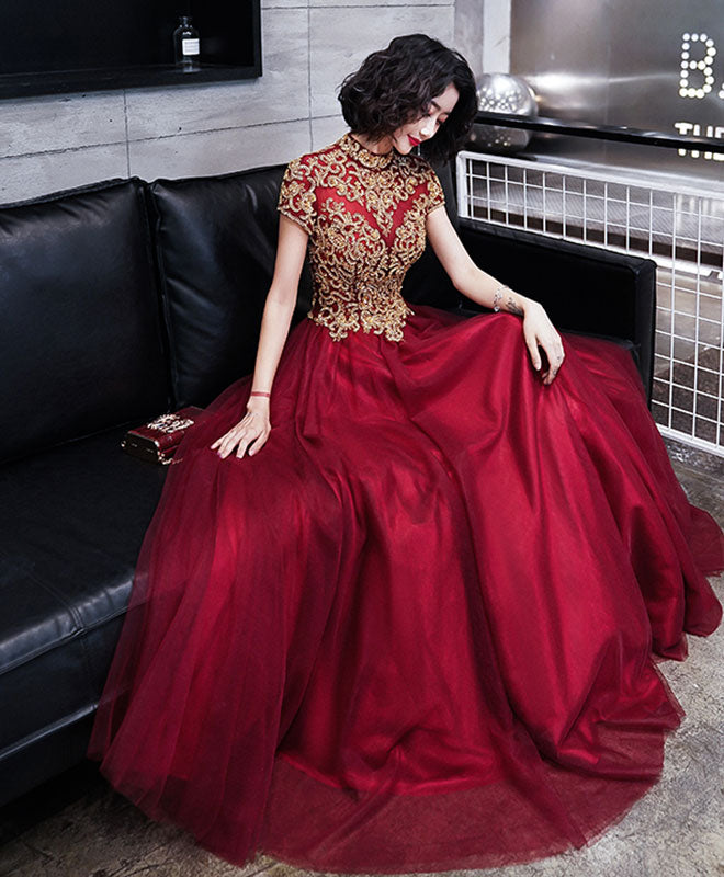 Burgundy Tulle Beads Long Prom Dress, Tulle Burgundy Evening Dress