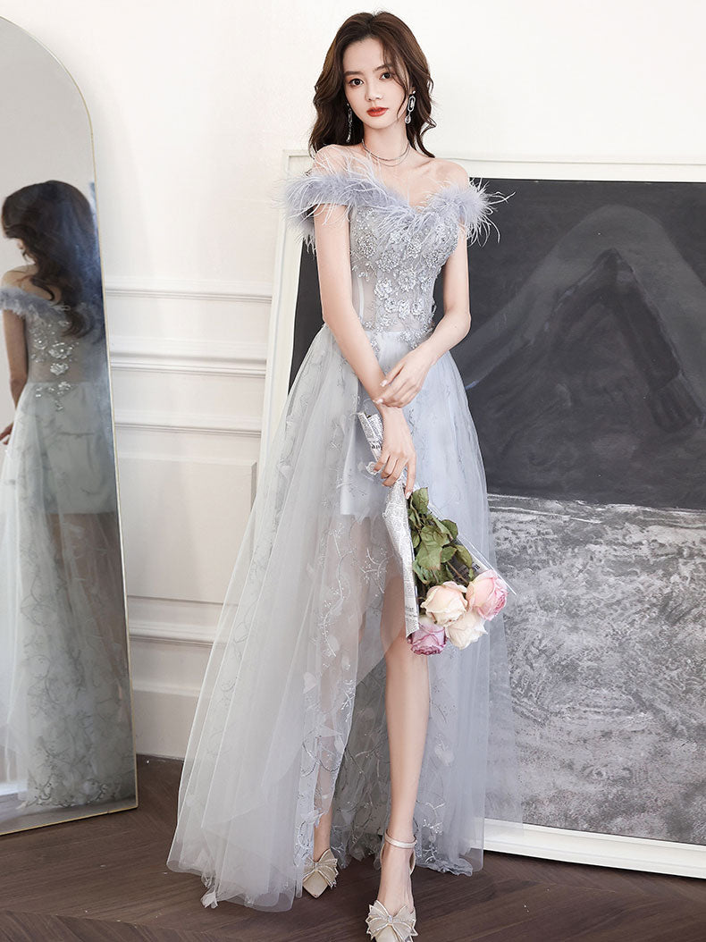Gray Sweetheart Neck Tulle Long Prom Dress, Gray Evening Dress