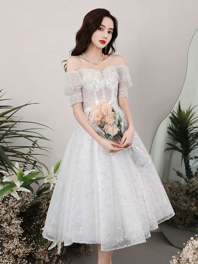 Gray White Lace Short Prom Dress White Tulle Lace Homecoming Dress