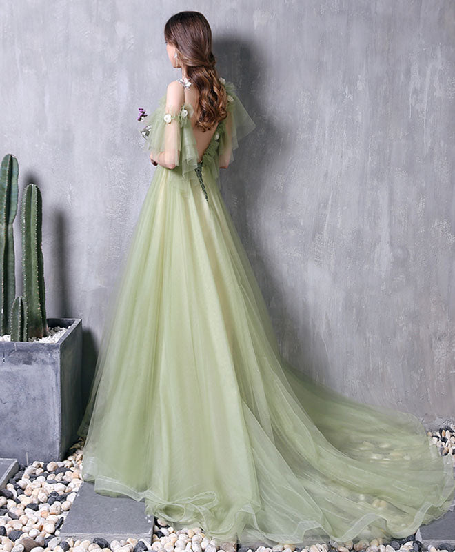 Green Tulle Lace Long Prom Dress Green Evening Dress – shopluu