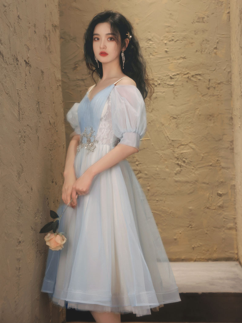 Blue A-line Tulle Lace Short Prom Dress, Blue Homecoming Dress