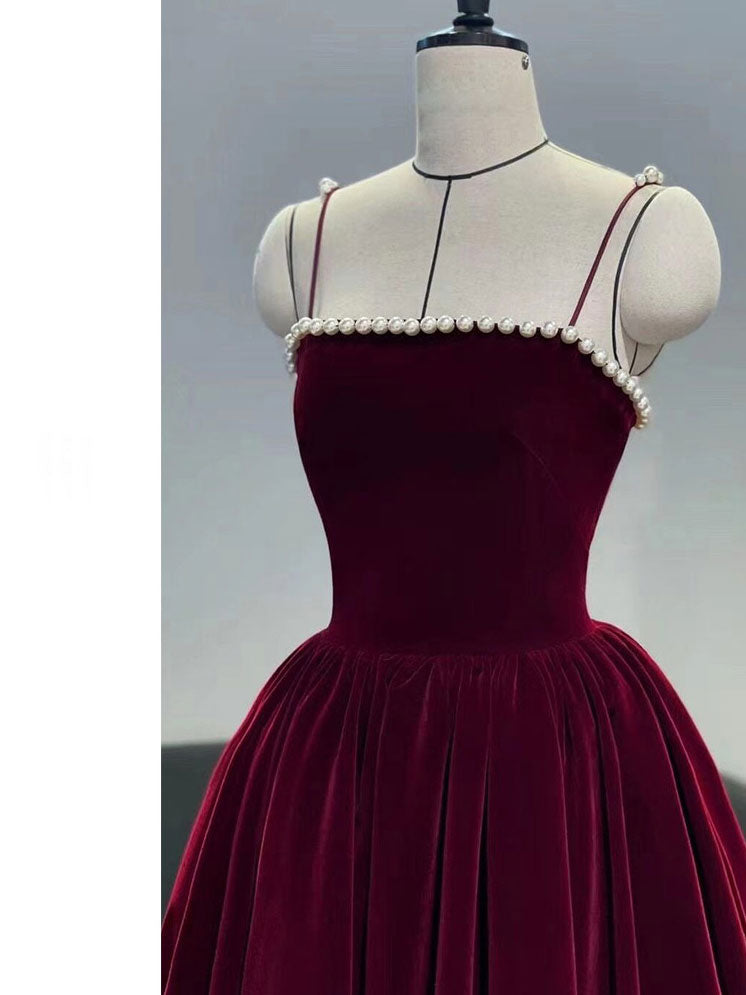 Simple burgundy tea length prom dress, burgundy homecoming dress