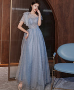 Blue One Shoulder Tulle Long Prom Dress Blue Tulle Formal Dress