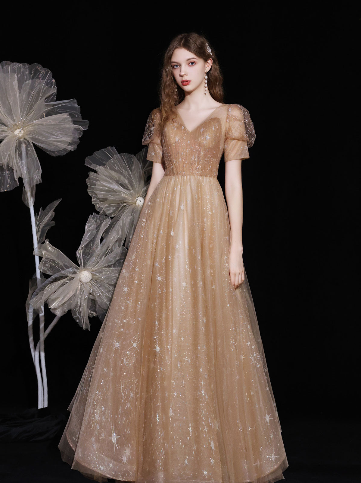 Champagne V Neck Tulle Long Prom Dress, Champagne Evening Dress