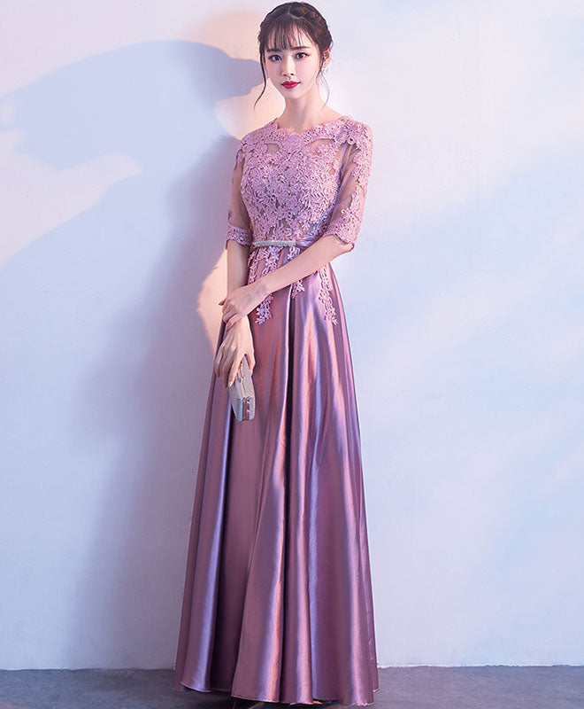Pink A-Line Lace Long Prom Dress Pink Lace Bridesmaid Dress