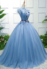 Blue High Neck Tulle Blue Long Prom Dress, Blue Evening Dress
