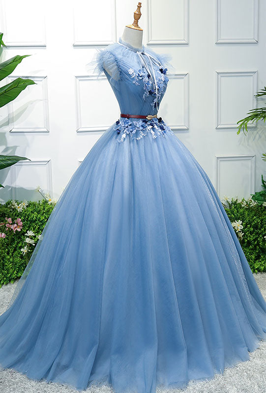 Blue High Neck Tulle Blue Long Prom Dress, Blue Evening Dress – shopluu