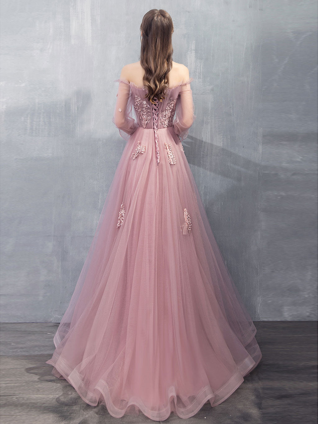 Pink A-line Tulle Lace Long Prom Dress Pink Lace Evening Dress