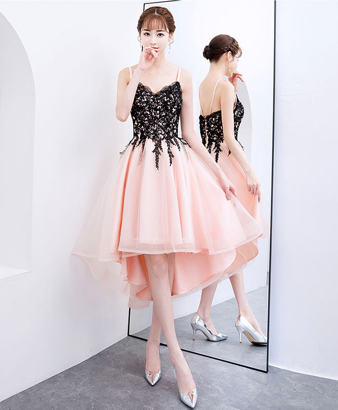 Pink V Neck Tulle Lace Short Prom Dress, Pink Homecoming Dress