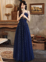 Blue Tulle A line Sequin Long Prom Dress, Blue Tulle Formal Dress