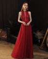 Burgundy High Neck Tulle Lace Long Prom Dress, Burgundy Formal Evening Dress