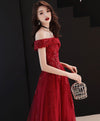 Burgundy Tulle Lace Off Shoulder Prom Dress, Burgundy Evening Dress