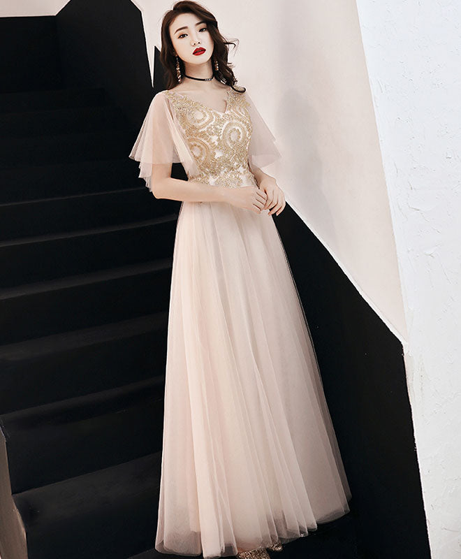 Champagne V Neck Tulle Lace Long Prom Dress Champagne Evening Dress