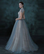 Blue Tulle Sequin Beading Long Prom Dress, Blue Aline Tulle Evening Dress