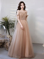A line Tulle Beads Champagne Long Prom Dress, Champagne Graduation Dresses