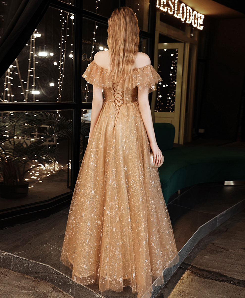 Gold A line Long Prom Dresses, Shiny Off Shoulder Gold Formal Graduation Dress