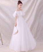 White Tulle Long Prom Dress, White Tulle Lace Evening Dress