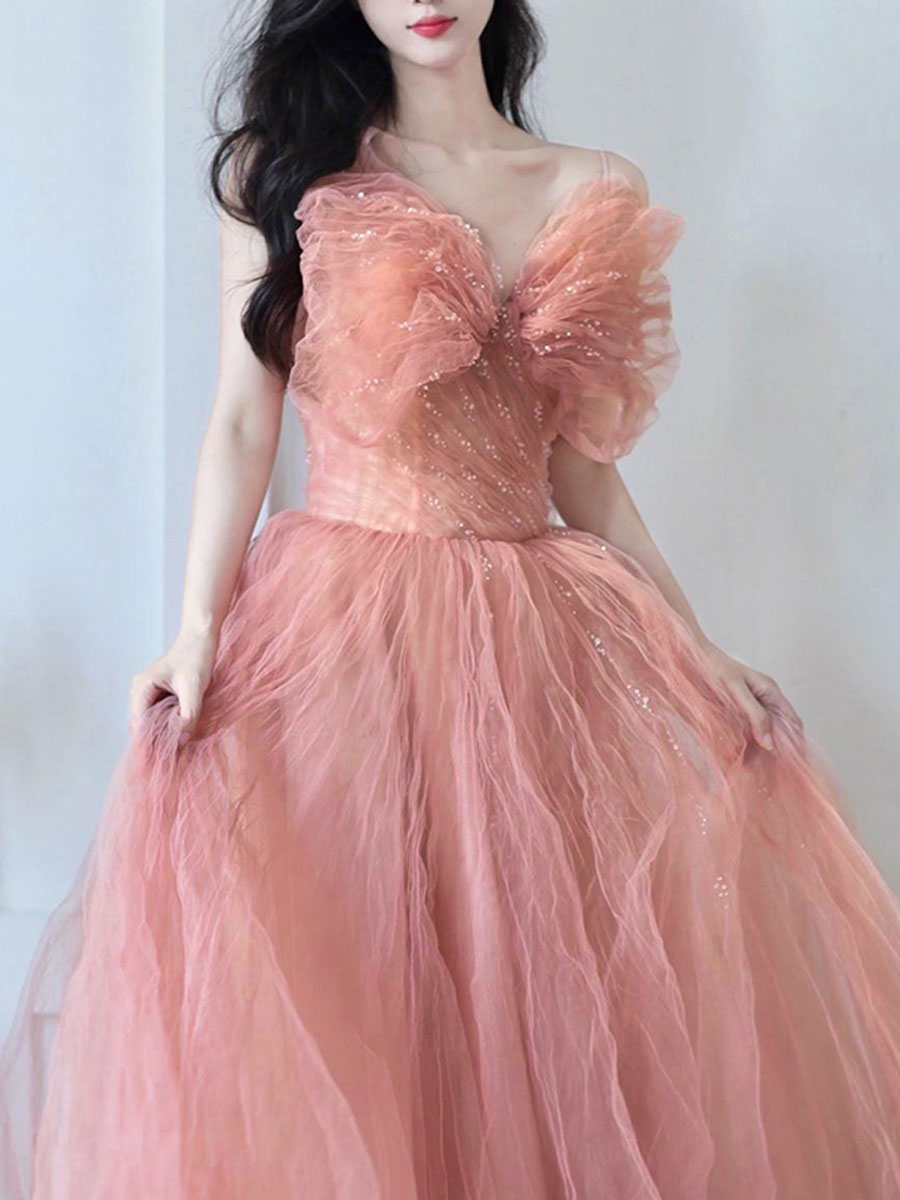 A line Pink Long Prom Dresses, Tulle Long Formal Graduation Dresses Wi – shopluu
