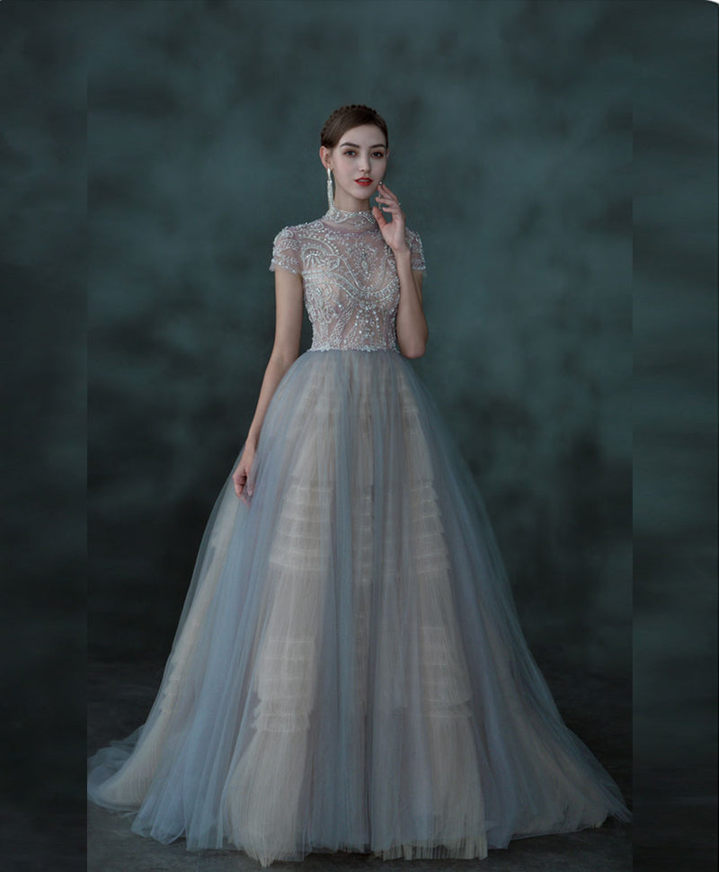 Blue Tulle Sequin Beading Long Prom Dress, Blue Aline Tulle Evening Dress