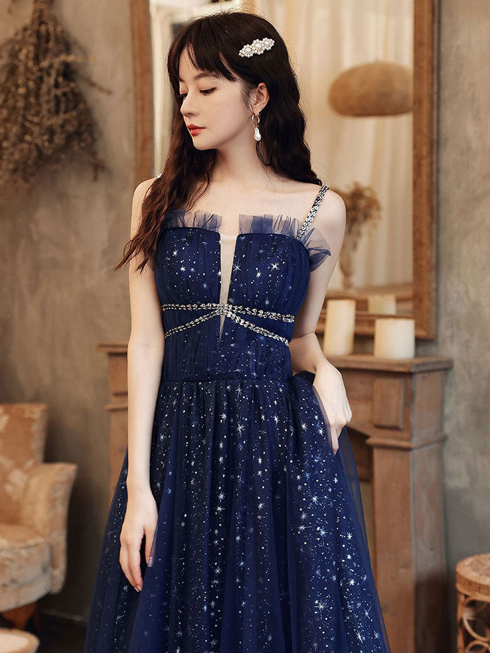 Blue Tulle A line Sequin Long Prom Dress, Blue Tulle Formal Dress US 12 / Dark Blue Blue Tulle A line Sequin Long Prom Dress, Blue Tulle Formal Dress US 12 / Dark Blue