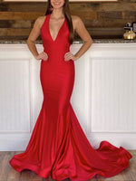 Simple Red V Neck Satin Long Prom Dress. Red Backless Evening Dress